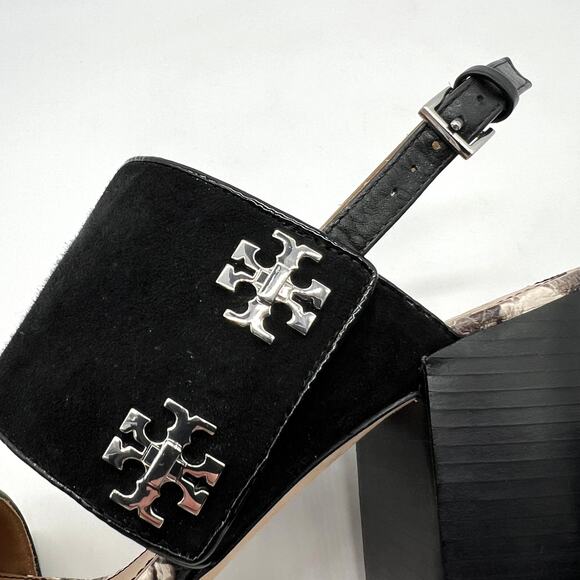 TORY BURCH Kira Suede Snake Embossed Sandal Womens 9 Black Block Heel Python - Picture 9 of 13